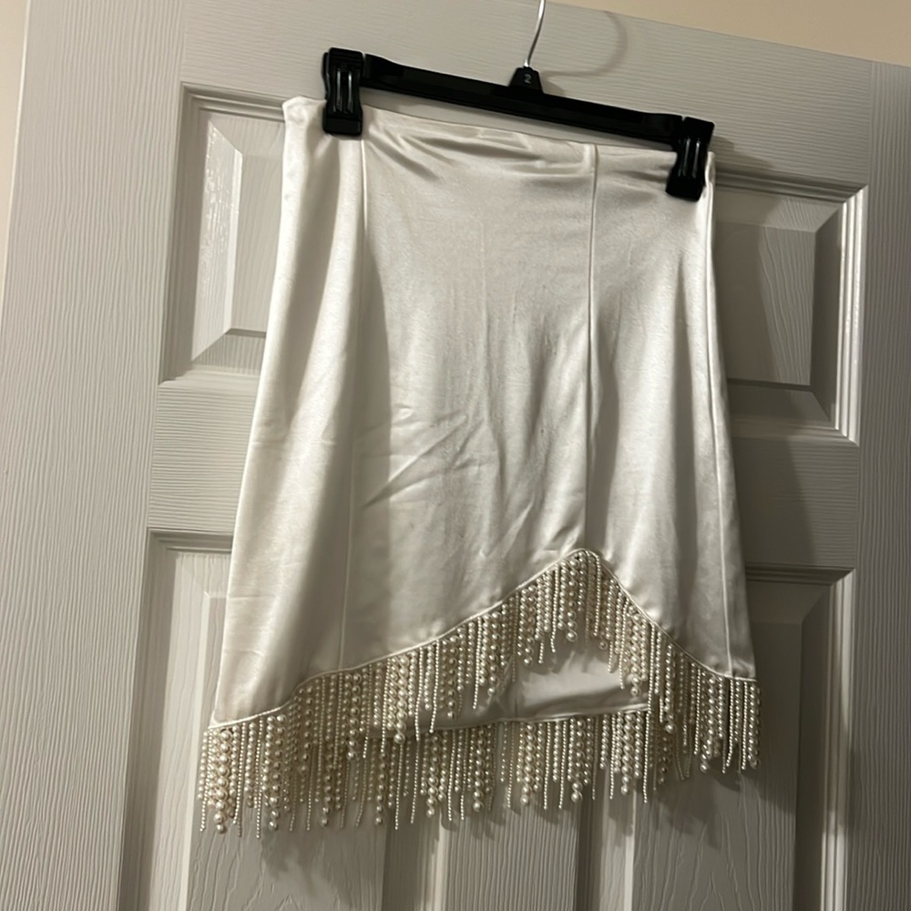 Satin bodycon skirt with beaded fringe